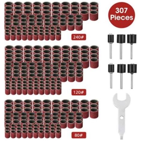 Ensemble de 307 pices de ponceuse tambour Kit de tambour de ponage - Manchons de bande de ponage 300 pices (80 / 120 / 240 ) + Mandrins de tambour 6 pices pour outil rotatif + 1 cl combine (1/5)
