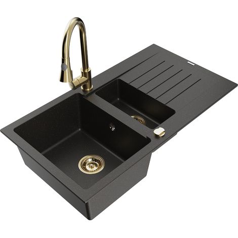 Mexen Matias lavello in granito da 1,5 vasche con sgocciolatoio e rubinetto da cucina Elia, nero/oro metallizzato (1/5)
