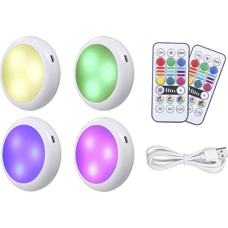 Lampe LED Rechargeable sans Fil pour Sous-Armoires, Télécommande RGB, Luminosité Réglable, Lot de 4 - Idéale pour Cuisine et Bibliothèque (1/5)