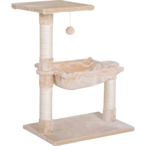 PawHut Katzenbaum mit 3 Kratzstämmen, Natursisal, Plattform, Hängematte und Hängeball, Maße: 50 x 36 x 70 cm (L x B x H), kurzes beiges Plüsch (1/5)