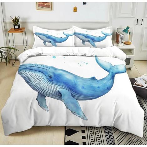 Parure De Lit 90x190 cm Baleine Bleue Aquarelle 3D Housse De Couette Sets Housses De Couettes Microfibre 2 taies d'oreiller - 45M (1/4)