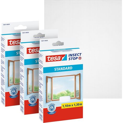tesa INSECT STOP H&L Fly Screen Windows - Moustiquaire pour fenêtre - avec ruban crochet, pouvant être coupé à la taille - 3x 110 cm x 130 cm - Blanc (1/5)