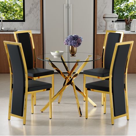 Conjunto de comedor redondo 88 cm de vidrio templado negro y dorado con 4 sillas - MEUBLIV (1/5)