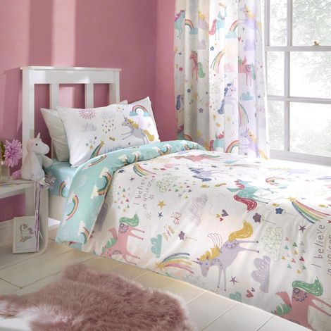 Housse de Couette Licorne 200 x 200 cm 2 taies d'oreiller Motifs réversibles Literie Licorne pour Filles Housse de Couette Arc-en-Ciel en Double Literie Blanche avec Licornes (1/4)