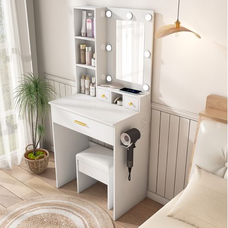 Coiffeuse avec miroir LED réglable, prise et tabouret, blanche HAVRYA (1/5)