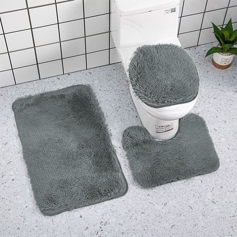 Tapis De Salle De Bain - 3 Pièces - Tapis De Baignoire 80 X 50 Cm - Tapis En Forme De U 50 X 40 Cm - Tapis De Toilette 40 X 37 Cm - Polyester - Antidérapant - Gris (1/5)