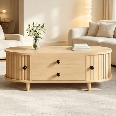 Table Basse Ovale en Bois avec Tiroirs et Portes Tambour - 100x50x36cm - Table de Salon Basse avec Pieds en Bois Massif - Naturel (1/5)