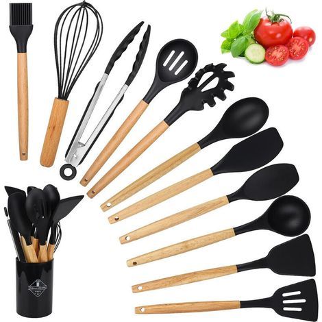 APEX Ustensiles de Cuisine en Silicone, 12 PCS Accessoire Cuisine Set sans BPA, Antiadhésive Set avec Pot de Rangement, Noir (1/5)