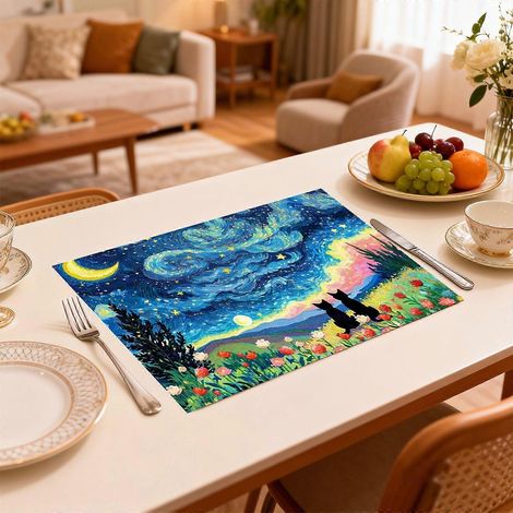 Lot de 4 sets de table/dessous-verres/nappes imprimés à plat en polyester et lin, motif « Nuit étoilée, chat noir et champ de fleurs », idéaux pour la cuisine et la salle à manger. (1/5)