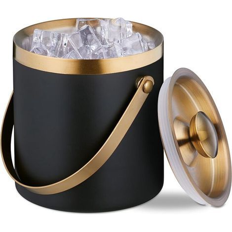 Seau à Glace, Acier Inoxydable, Double Paroi, Seau à Glace avec Couvercle et Poignée, 2 L, Seau à Glaçons Noir et Or (1/4)