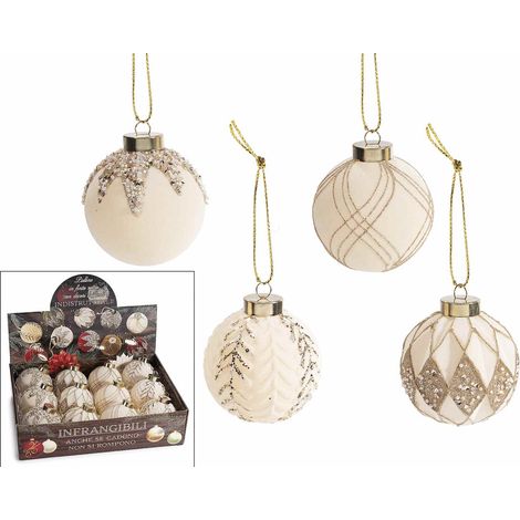 Palline di Natale in finto vetro infrangibile bianca con decori a fantasia oro da appendere, in espositore da 12 pezzi, set da 12 pezzi, Ø 8 cm
