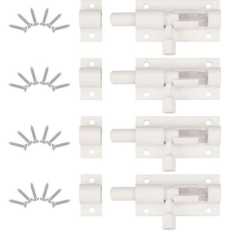 4 Pièces Verrou de Porte, Verrou Porte Interieure avec 24 Vis , Loquet Porte Coulissante, Loquet de Porte, Verrou Targette, Loquet Coulissant, pour Portail De Jardin, Cabanon, Wc (Blan (1/4)