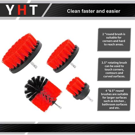 Ensemble de 4 brosses de nettoyage pour perceuse, brosses pour forets, voiture, carrelage, moquette, baignoire, cuisine, toilettes, rouge