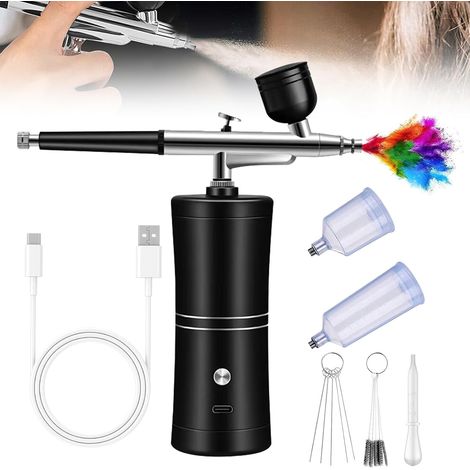 Kit Aérographe Multi Fonctions avec Compresseur: Kit Aérographe Sans Fil avec Compresseur d'air, Brosse à Air Rechargeable pour Nail Art, Décoration de Gâteau, Modélisation de Tatouage (Noir) (1/5)