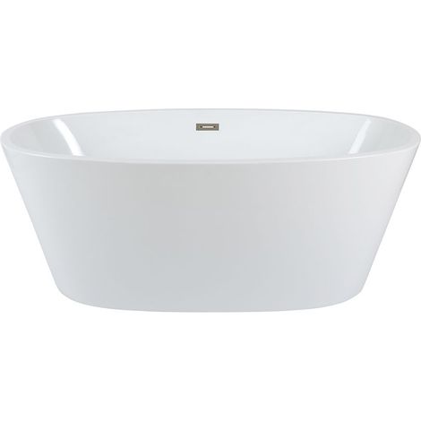 Milano Irwell Bathroom 1595mm x 740mm Double Ended Freestanding Oval Bath with Overflow and White Push Button Waste - Brushed Nickel Overflow (1/5)