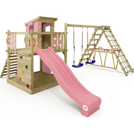 Torre de escalada de madera Wickey Smart Surf con Tobogan y Escalada en rosa claro