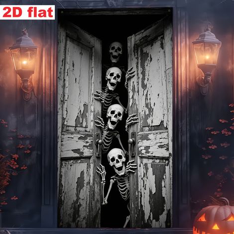 Décoration de porte d'Halloween, rideau de salle de bain Faucheuse, bannière décorative tête de mort effrayante - 90 x 180 cm (perforée + ruban) - Style 12