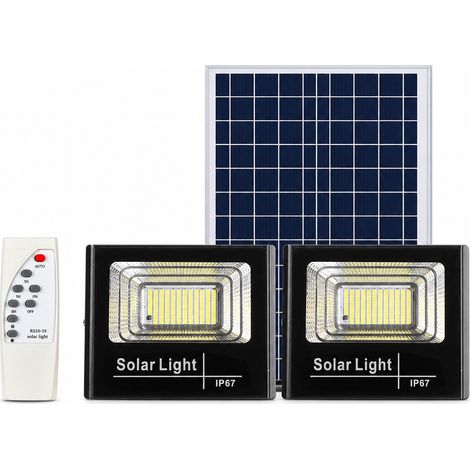 Projecteur Solaire LED Extérieur à 2 Têtes, 100 W, 220 LED par Projecteur, IP67, Télécommande, Capteur Crépusculaire et Minuterie (1/5)