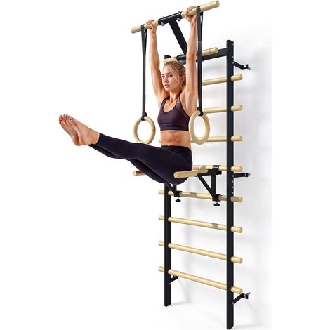YODOLLA Wall Mounted Stall Bars Swedish Ladder with Pull Up Bar & Wooden Gymnastic Rings, Multi Functional Home Gym Wall Exercise Bar for Calisthenics, Physio Rehabilitation & Full Body