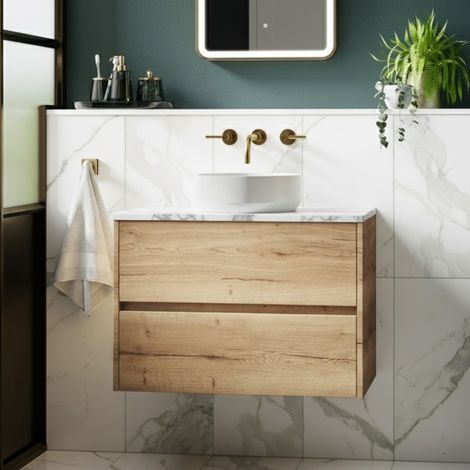 Havana Wall Hung 2-Drawer Vanity Unit with Carrera Marble Worktop 800mm Wide - Autumn Oak