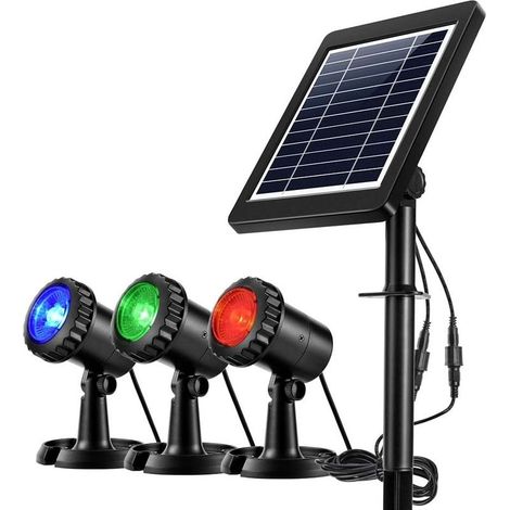 Projecteurs LED Solaires imperméables 3 GRB Lampes,Eéglable IP68 étanche Lampe Solaire Lumières Solaires pour Extérieur Jardin Piscine étang Cour Mur Route-Auto on/Off (Rouge Vert Bleu) (1/5)