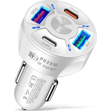couleur 4 Ports Blanc chargeur de voiture 4 Ports USB, PD 20W, Charge rapide QC 3.0, pour iPhone 13 Xiaomi Hu (1/4)