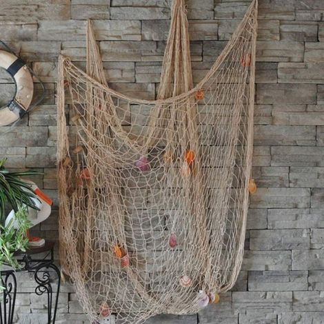 Filet de pêche décoratif, Filet de pêche décoratif 1 x 2 mètres (blanc avec coquillages) Décoration murale nautique de style méditerranéen avec coquillages (1/5)