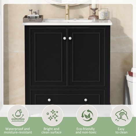 Meuble vasque salle de bain 76x46x87cm - Pieds en bois massif, MDF résistant à l'humidité et à l'eau, grand espace de rangement, vasque en céramique intégrée, noir (1/5)