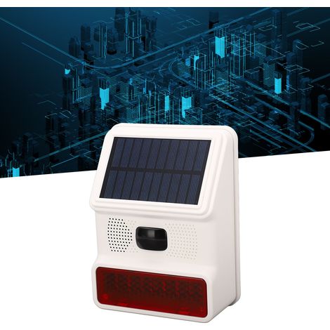 Alarme sonore et visuelle sans fil DC5V 433MHz d'extérieur alimentée par énergie solaire, alarme sonore et visuelle intégrée de 100 dB, 20 zones sans fil et 2 zones filaires, étanche IP65. (1/5)