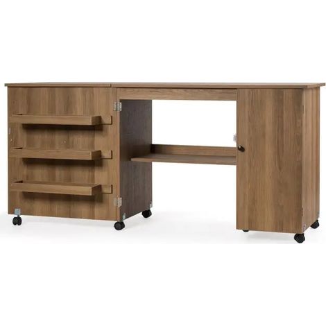 Table de couture pliante marron en MDF avec plateau large 158 x 50 x 75 cm et roulettes freinées pour atelier, bureau et salon (1/5)