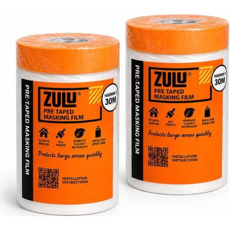 Zulu Pre-Taped Masking Film 1400mm x 30m - Heavy Duty Paint Static Plastic Dust Sheet Protection Film with Masking Tape, 2 Pack (1/3)