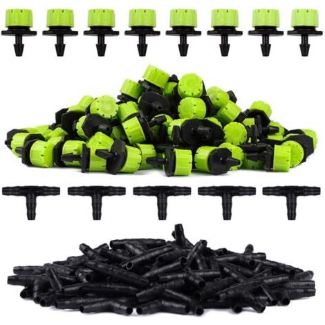 100pcs Vert Goutteur Irrigation Réglable + 100PcsTee Joint de Tuyau Système D'arrosage Automatique Goutte à Goutte Micro Gicleurs Drippers pour Plante Serre DIY Jardin (1/4)