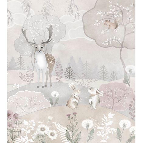 papier peint panoramique animaux de la forêt beige et vieux rose  - Sanders & Sanders (1/4)