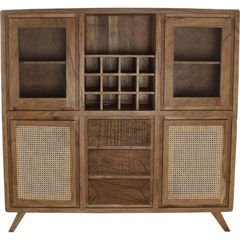 Armoire vitrine porte bouteilles en bois acacia marron avec 3 tiroirs 4 portes et 3 étagères - Largeur 160 x Hauteur 153 x Profondeur 41cm -PEGANE- (1/4)