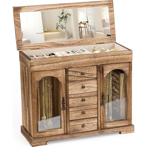 Boîte à Bijoux Femme, 6 Niveaux Bois Grande Boite a Bijoux avec Miroir, Rustique Bijoux Organisateur pour Colliers, Boucles D'oreilles, Bagues, Bracelets (Marron Rustique) (1/5)