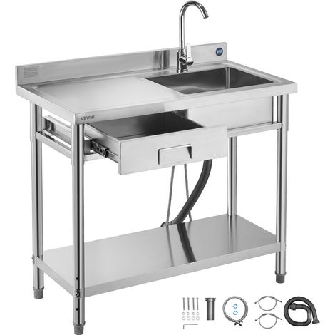 Évier cuisine utilitaire en acier inoxydable, évier professionnel autoportant à cuve unique avec tiroir, robinet et tuyau d'eau chaude et froide, pour garage, restaurant, buanderie 100x50x94 cm (1/5)