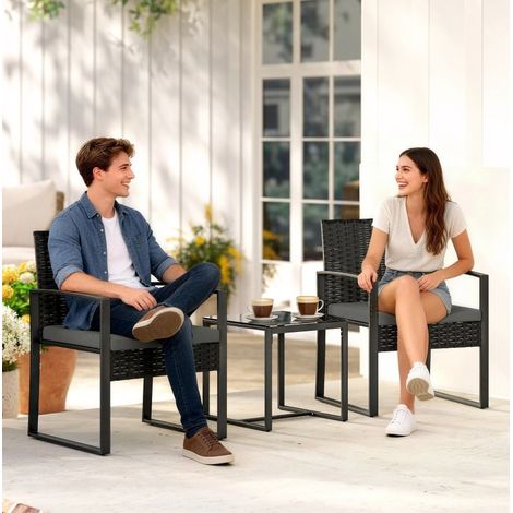 Set da bistrot in rattan 2 posti, grigio scuro, con cuscini sfoderabili e piano in vetro temperato (1/5)