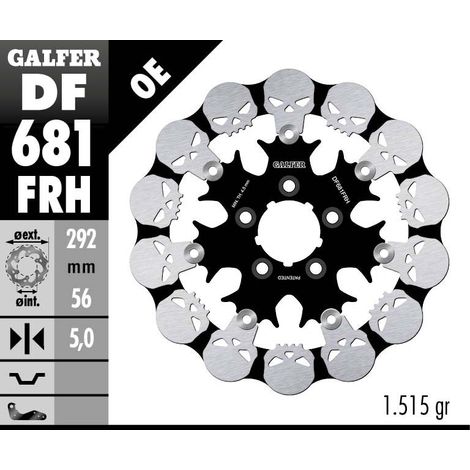 Disco de freno trasero Galfer para Harley-Davidson (292x56x5) con calavera flotante (diseño de calavera)