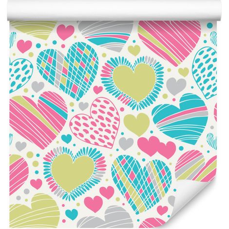 Precioso papel pintado de corazones de colores para salón y dormitorio, 50x1000 cm. (1/5)