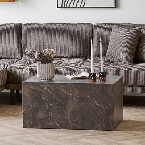 M&S – Table basse rectangulaire 60x80x40cm effet marbre marron – Panneaux de particules – Décoration contemporaine pour salon