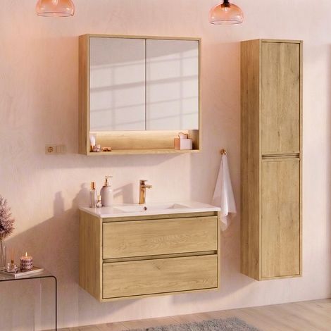 Conjunto mueble lavabo individual empotrado 80 cm columna y armario espejo Edmé Bois (1/4)
