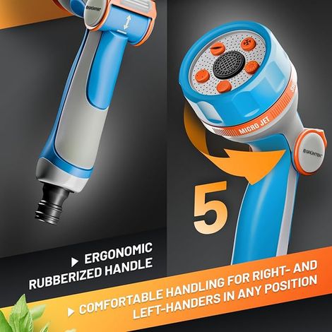 Pistolet Pulvérisateur de Tuyau d'Arrosage Métal Léger avec 5 Jets – Douchette de Jardin avec poignée ergonomique et contrôle confortable du pouce (1/4)