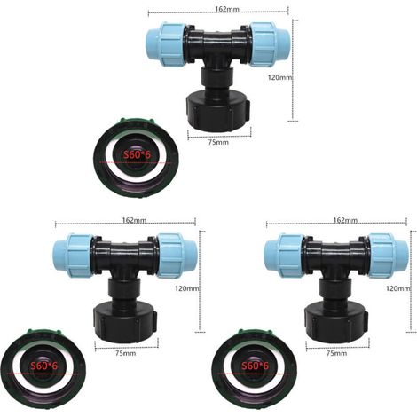 Lot de 3 Adaptateur de réservoir IBC S60 x 6 - Raccord en T pour raccord de tuyau d'eau - Sortie en T (sortie en té 25mm) (1/4)