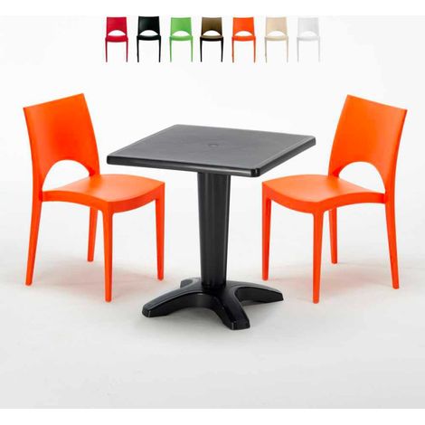 Table Carrée Noire 70x70cm Avec 2 Chaises Colorées Grand Soleil Set Bar Café Paris Aia - Orange