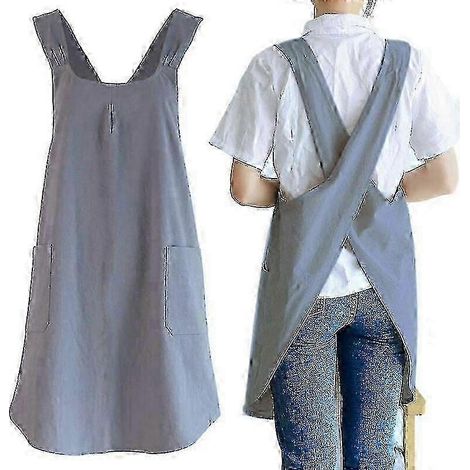 Tablier de cuisine japonais en lin, à dos croisé et poches, idéal pour cuisiner, jardiner et faire le ménage. Disponible en gris et gris foncé. (1/5)