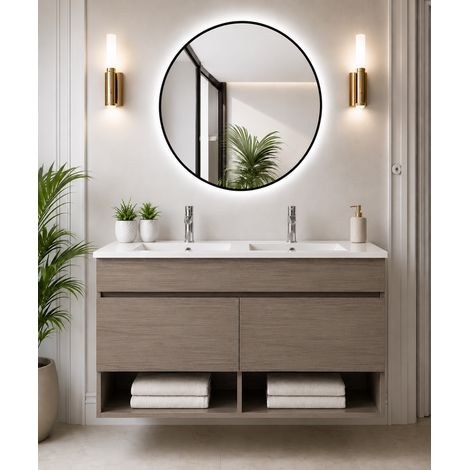 Badmöbel hängend mit Waschbecken extra flach ORIGENBATH NEBARI ohne Spiegel 120x45 cm Doppelwaschbecken Smoky-Eiche (1/3)