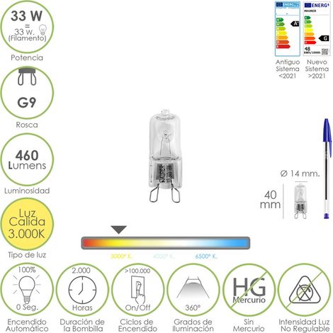 Ampoule halogène G-9 33 W. 460 lumens. Lumière chaude (3 000 ºK)