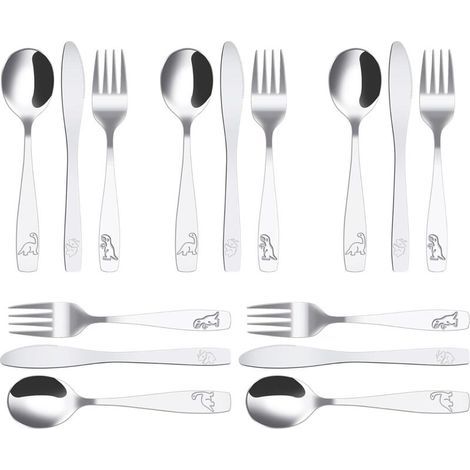 15-teiliges Kinderbesteck aus Edelstahl, 5 x Gabel, 5 x Löffel, 5 x sicheres gezahntes Messer, Edelstahl-Kinderbesteck mit Dschungel-Dinosaurier-Gravur, Baby-Edelstahlbesteck für Kinder, Zuhause, Rest (1/5)