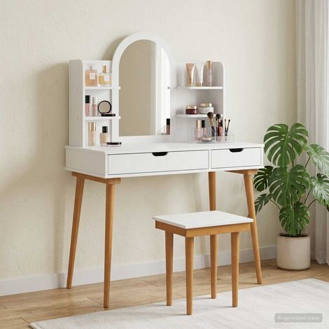 Coiffeuse avec miroir et tabouret, 4 étagères et 2 tiroirs, blanc, ensemble 5 pièces - PANGIVO (1/5)