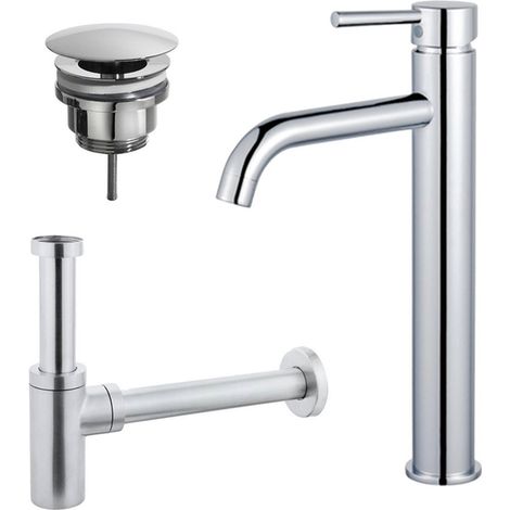 FugaFlow Eccelente Sobrado Kit mitigeur lavabo - robinet rehaussé - bonde nonobturable - siphon design - Chrome brillant (1/4)